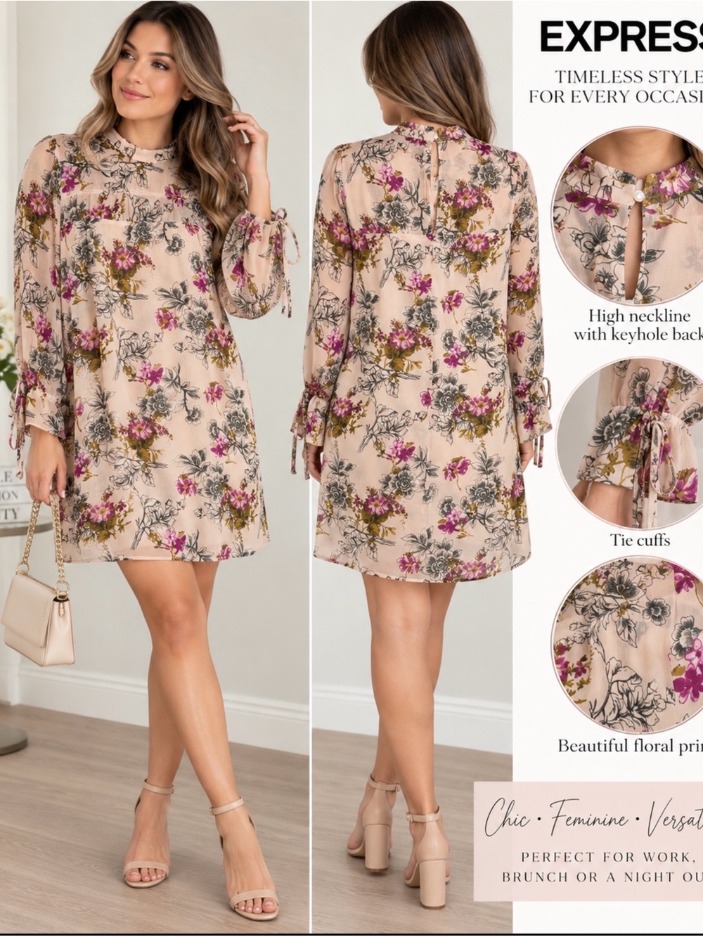 Express Floral Chiffon High Neck Keyhole Lined Shift Dress 3/4 Sleeve M